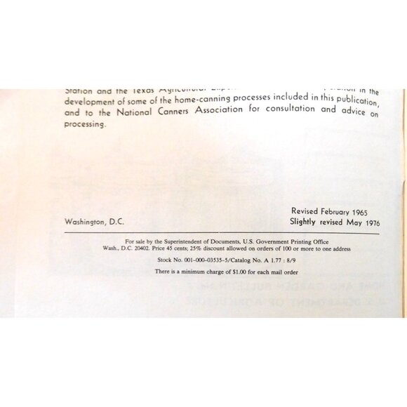 Home Canning Of Fruits and Vegetables USDA 1975 Bulletin No. 8 Revised Softcover - Picture 6 of 6